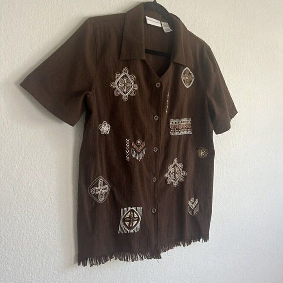 Alfred Dunner Womens Vintage 90s Brown Beaded Embroidered Fringe Blouse Size 8 - Picture 9 of 9